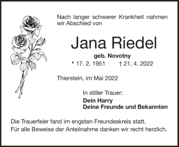 Traueranzeige von Jana Riedel von Frankenpost