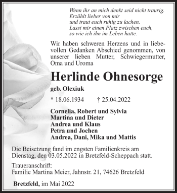 Traueranzeige von Herlinde Ohnesorge von Südthüringer Presse