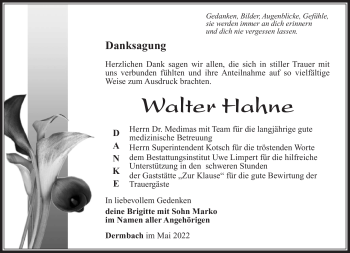 Traueranzeige von Walter Hahne von Südthüringer Presse