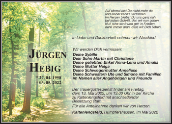 Traueranzeige von Jürgen Hermann Siegfried Hebig von Südthüringer Presse