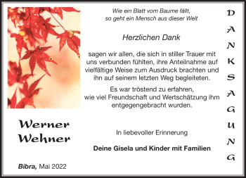 Traueranzeige von Werner Wehner von Südthüringer Presse