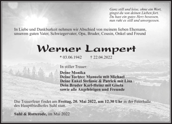 Traueranzeige von Werner Lampert von Südthüringer Presse