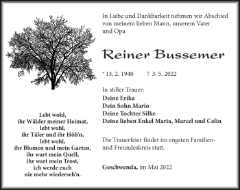 Traueranzeige von Reiner Bussemer von Südthüringer Presse