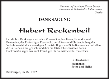 Traueranzeige von Hubert Reckenbeil von Südthüringer Presse