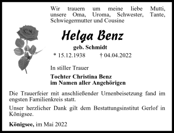Traueranzeige von Helga Benz von Südthüringer Presse