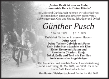 Traueranzeige von Günther Pusch von Südthüringer Presse
