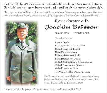 Traueranzeige von Joachim Brüssow von Südthüringer Presse