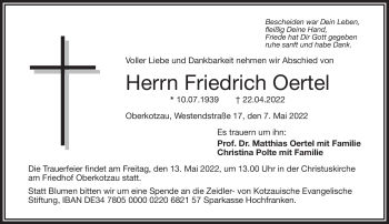 Traueranzeige von Friedrich Oertel von Frankenpost