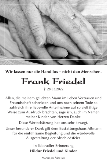 Traueranzeige von Frank Friedel von Südthüringer Presse