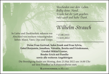 Traueranzeige von Wilhelm Strauch von Südthüringer Presse