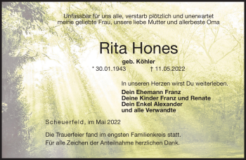 Traueranzeige von Rita Hones von Neue Presse Coburg