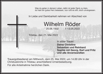Traueranzeige von Wilhelm Röder von Frankenpost
