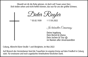 Traueranzeige von Dieter Riegler von Neue Presse Coburg