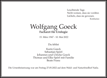 Traueranzeige von Wolfgang Goeck von Frankenpost