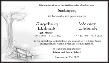 Traueranzeige von IngeborgWerner LiebschLiebsch von Südthüringer Presse