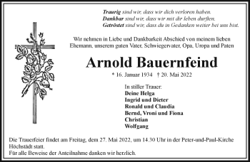 Traueranzeige von Arnold Bauernfeind von Frankenpost