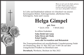 Traueranzeige von Helga Gimpel von Südthüringer Presse