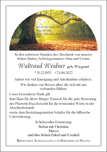 Traueranzeige von Waltraud Weidner von Südthüringer Presse