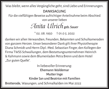 Traueranzeige von Anita Ulrich von Südthüringer Presse