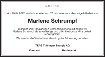 Traueranzeige von Marlene Schrumpf von Südthüringer Presse