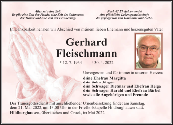 Traueranzeige von Gerhard Fleischmann von Südthüringer Presse
