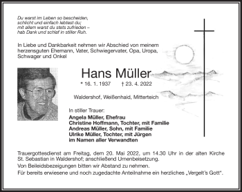Traueranzeige von Hans Müller von Frankenpost