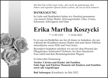 Traueranzeige von Erika Martha Koszycki von Südthüringer Presse