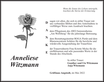 Traueranzeige von Anneliese Witzmann von Südthüringer Presse