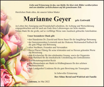 Traueranzeige von Marianne Geyer von Südthüringer Presse