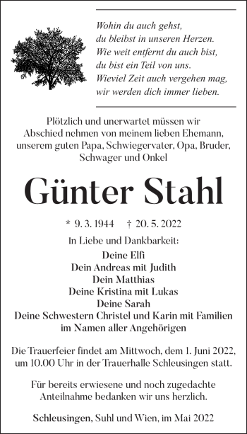 Traueranzeige von Günter Stahl von Südthüringer Presse