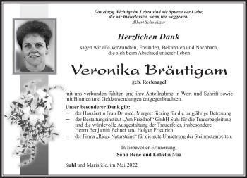 Traueranzeige von Veronika Bräutigam von Südthüringer Presse