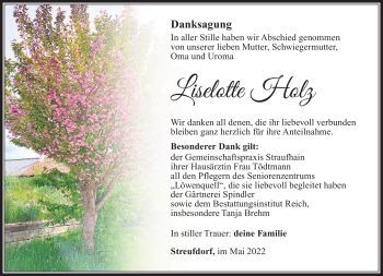 Traueranzeige von Liselotte Holz von Südthüringer Presse