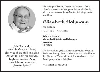 Traueranzeige von Elisabeth Hohmann von Südthüringer Presse