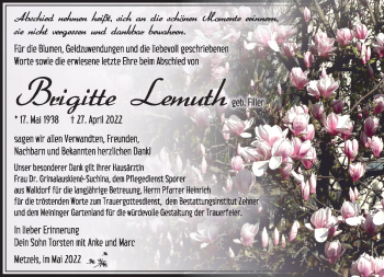 Traueranzeige von Brigitte Lemuth von Südthüringer Presse