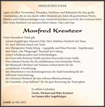 Traueranzeige von Manfred Kreutzer von Südthüringer Presse