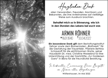 Traueranzeige von Armin Röhner von Südthüringer Presse