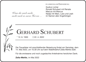 Traueranzeige von Gerhard Schubert von Südthüringer Presse