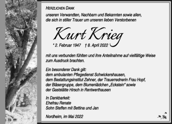 Traueranzeige von Kurt Krieg von Südthüringer Presse