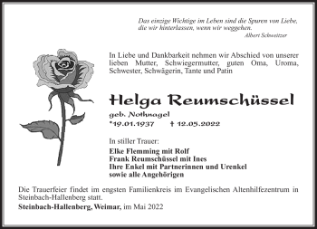 Traueranzeige von Helga Reumschüssel von Südthüringer Presse