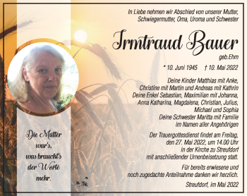 Traueranzeige von Irmtraud Bauer von Südthüringer Presse