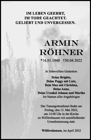 Traueranzeige von Armin Röhner von Südthüringer Presse
