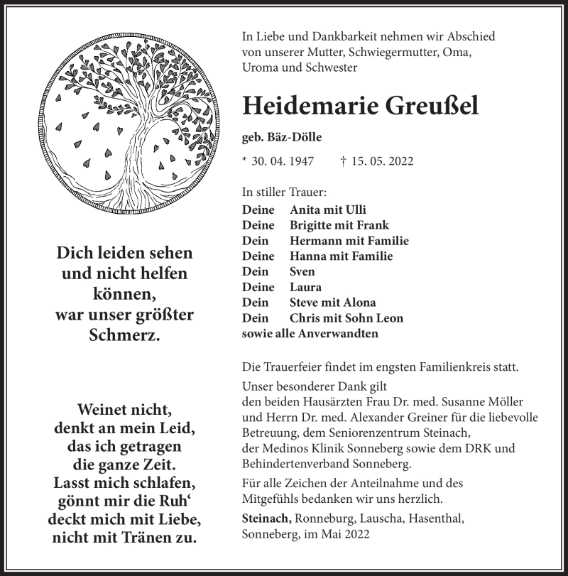  Traueranzeige für Heidemarie Greußel vom 21.05.2022 aus Südthüringer Presse