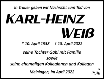 Traueranzeige von Karl-Heinz Weiß von Südthüringer Presse