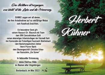 Traueranzeige von Herbert Kühner von Südthüringer Presse