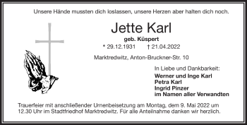 Traueranzeige von Jette Karl von Frankenpost