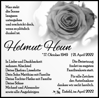 Traueranzeige von Helmut Heun von Südthüringer Presse