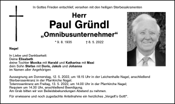 Traueranzeige von Paul Gründl von Frankenpost