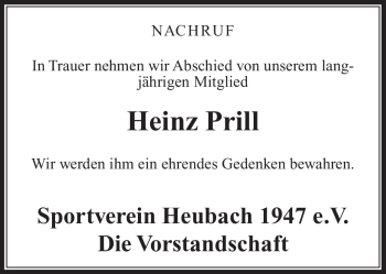 Traueranzeige von Heinz Prill von Neue Presse Coburg