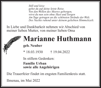 Traueranzeige von Marianne Huthmann von Südthüringer Presse