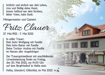 Traueranzeige von Fritz Clauer von Südthüringer Presse